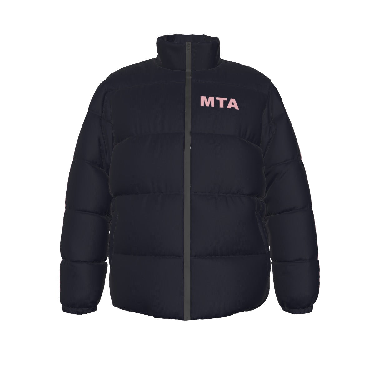 No Hood MTA Puffer Coat (pink text) – We Move New York