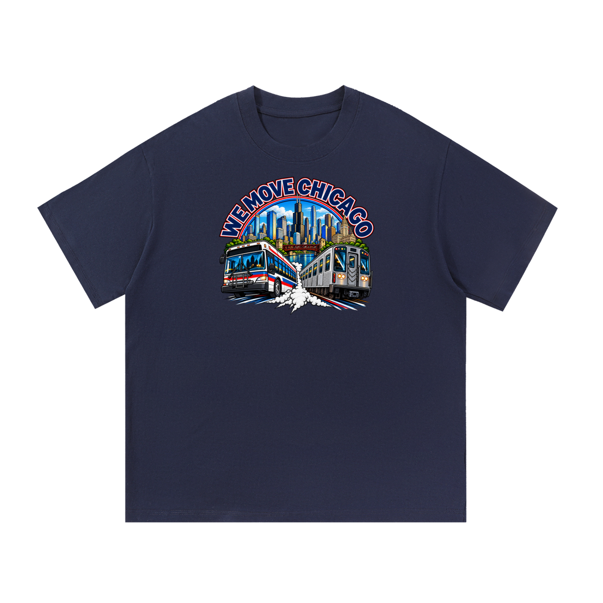 We Move Chicago Tee — navy heavyweight cotton with the CHI transit badge featuring the Chicago skyline, L train, and bus, printed on the front.