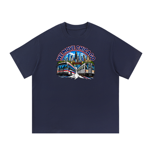We Move Chicago Tee — navy heavyweight cotton with the CHI transit badge featuring the Chicago skyline, L train, and bus, printed on the front.