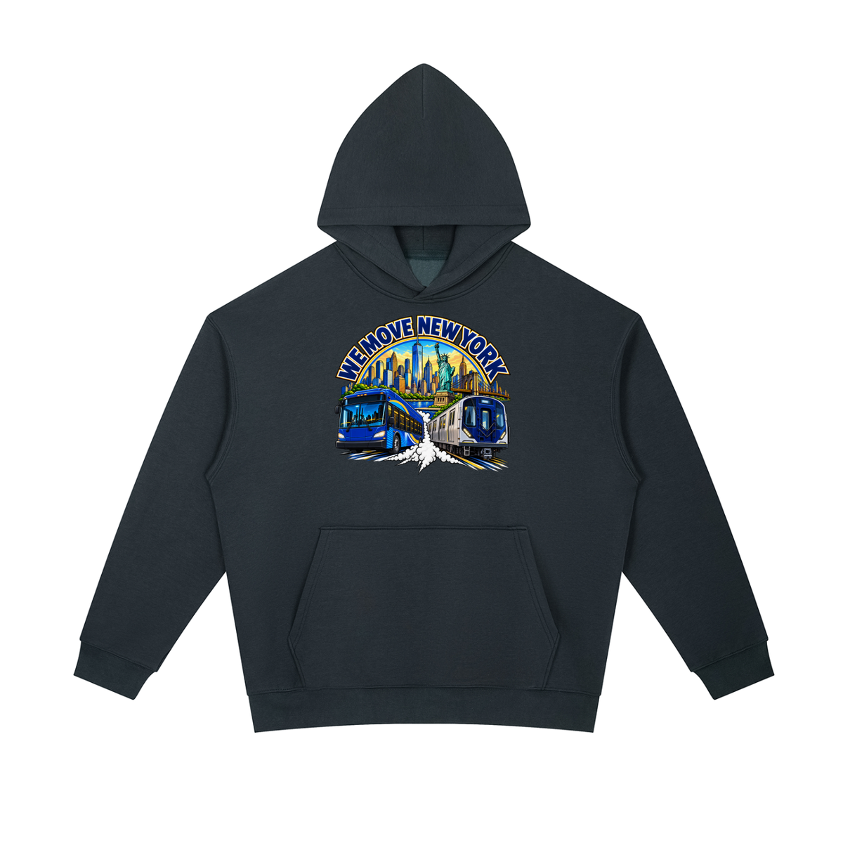 We Move New York Pullover Hoodie — navy heavyweight brushed fleece with the NY transit badge printed on left chest and full back, featuring the Manhattan skyline, Statue of Liberty, bus, and subway train.