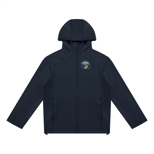 We Move Chicago Full Zip Hoodie — navy heavyweight brushed fleece with full metal zip, CHI transit badge printed on left chest and full back, featuring the Chicago skyline, L train, and bus.