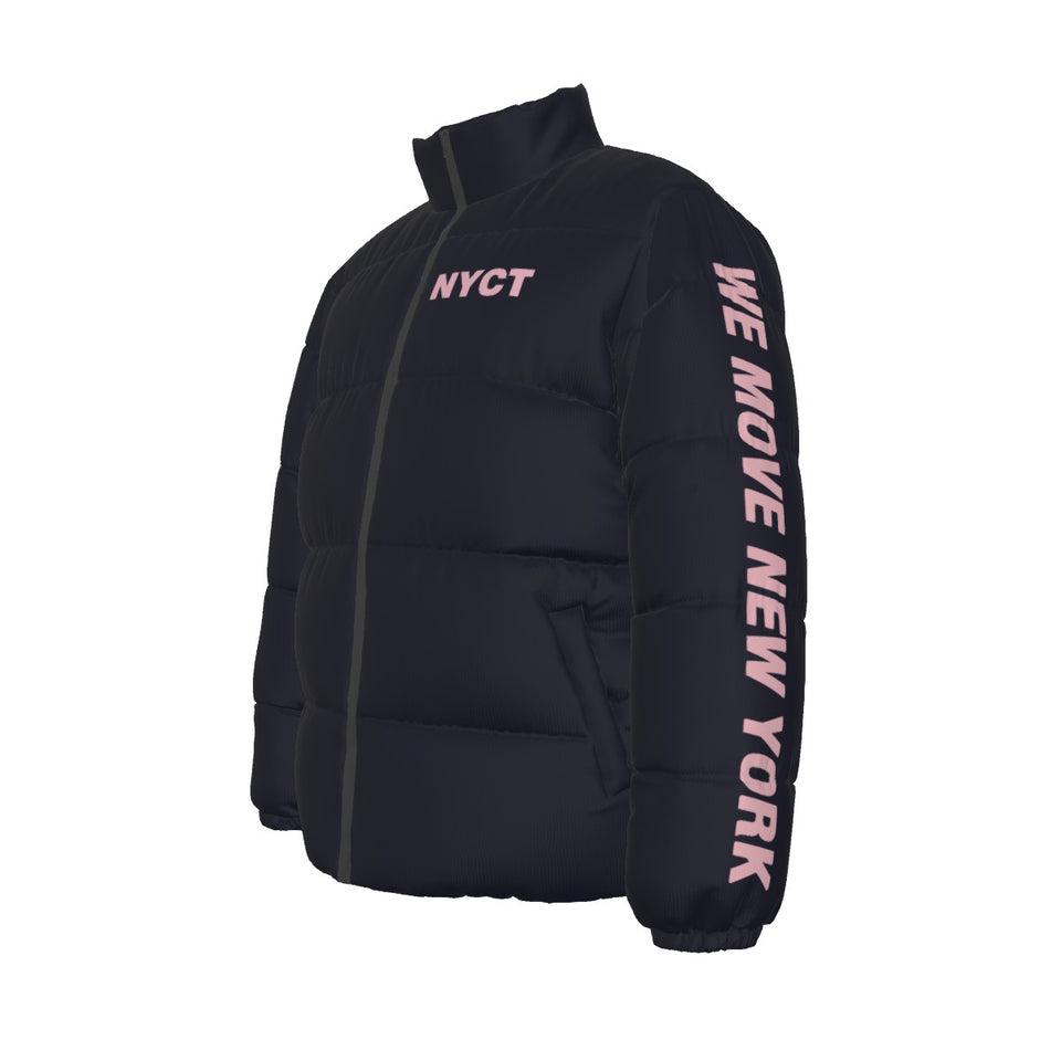 No Hood NYCT Puffer Coat (pink text)