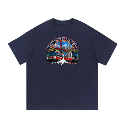 We Move San Francisco Tee — navy heavyweight cotton with the SF transit badge featuring the San Francisco skyline, cable car, Muni train, and bus, printed on the front.