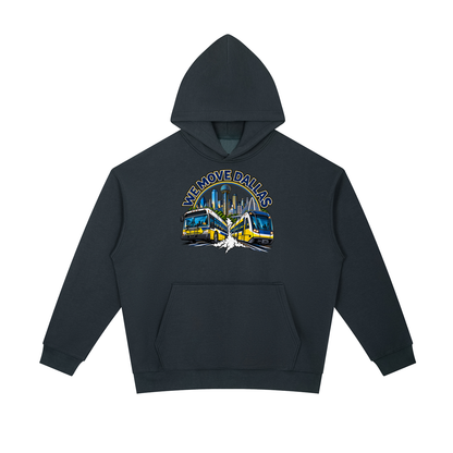 We Move Dallas Pullover Hoodie — navy heavyweight brushed fleece with the DAL transit badge printed on left chest and full back, featuring the Dallas skyline, DART train, and bus.