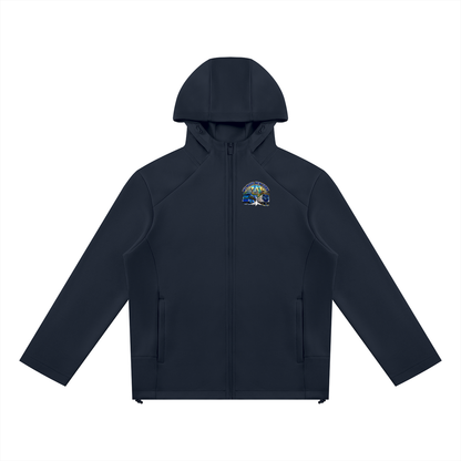 We Move New York Full Zip Hoodie — navy heavyweight brushed fleece with full metal zip, NY transit badge printed on left chest and full back, featuring the Manhattan skyline, Statue of Liberty, bus, and subway train.