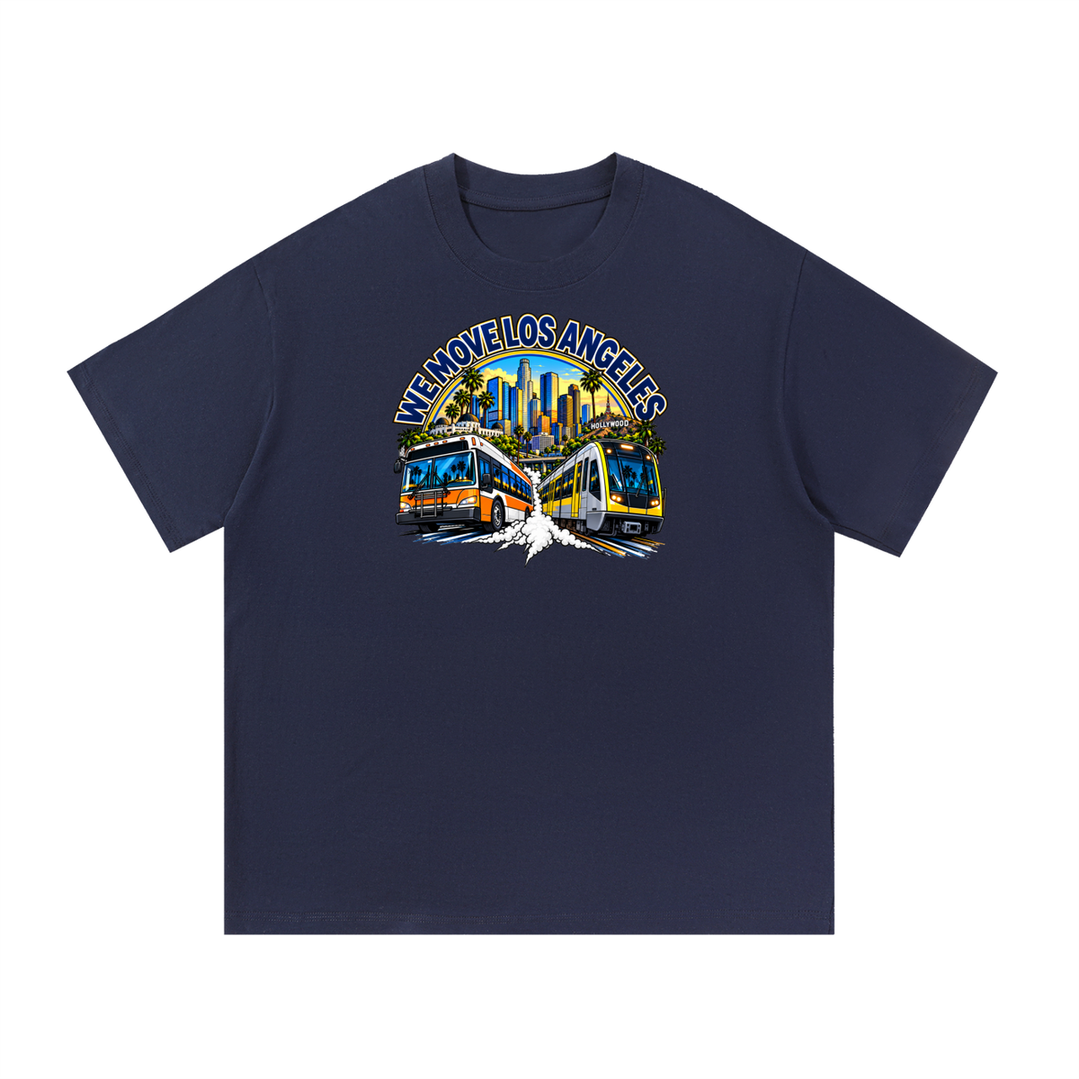 We Move Los Angeles Tee — navy heavyweight cotton with the LA transit badge featuring the LA skyline, Metro train, and bus, printed on the front.