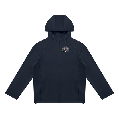 We Move Miami Full Zip Hoodie — navy heavyweight brushed fleece with full metal zip, MIA transit badge printed on left chest and full back, featuring the Miami skyline, Metromover, and bus.