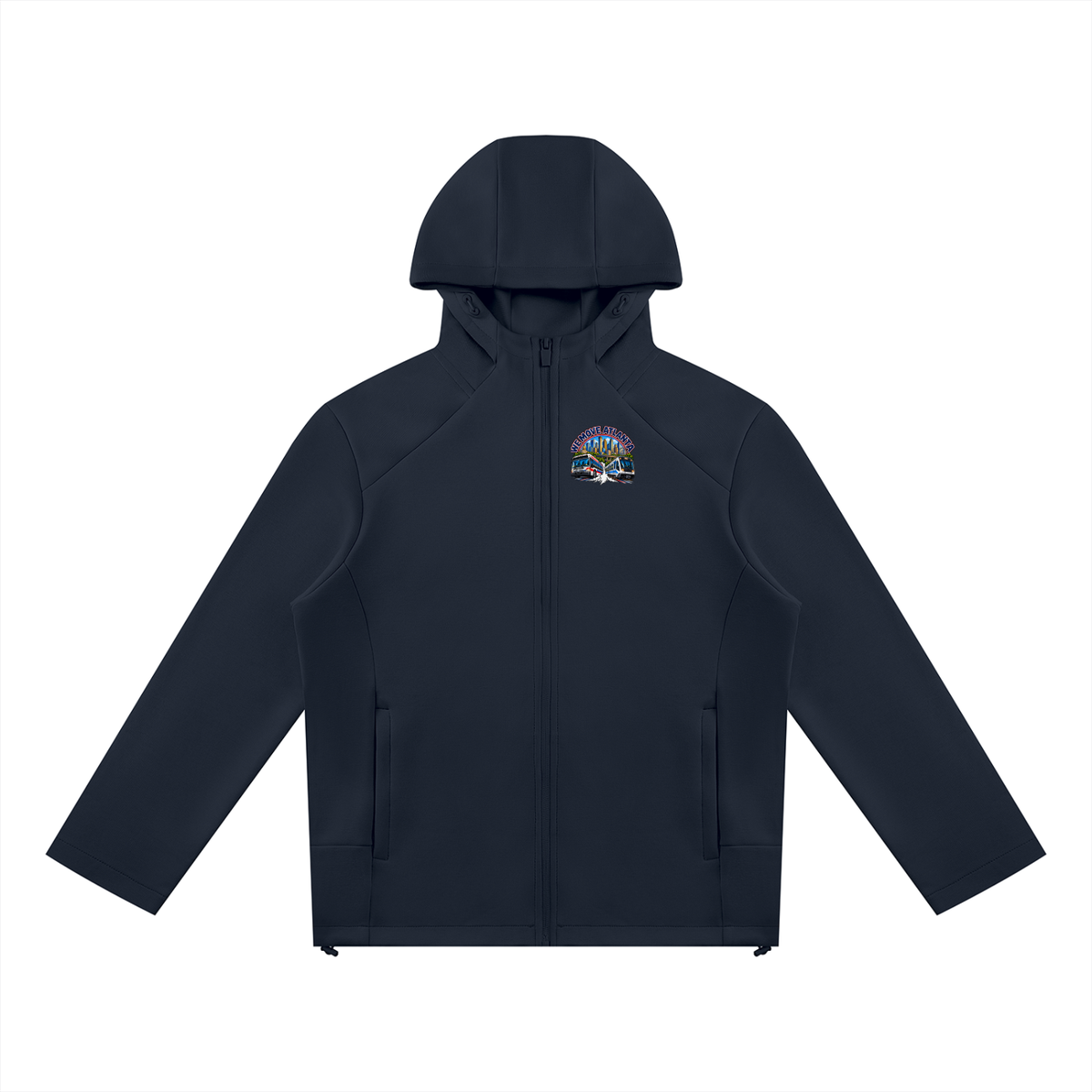 We Move DC Full Zip Hoodie — navy heavyweight brushed fleece with full metal zip, DC transit badge printed on left chest and full back, featuring the Washington skyline, Metro train, and bus.
