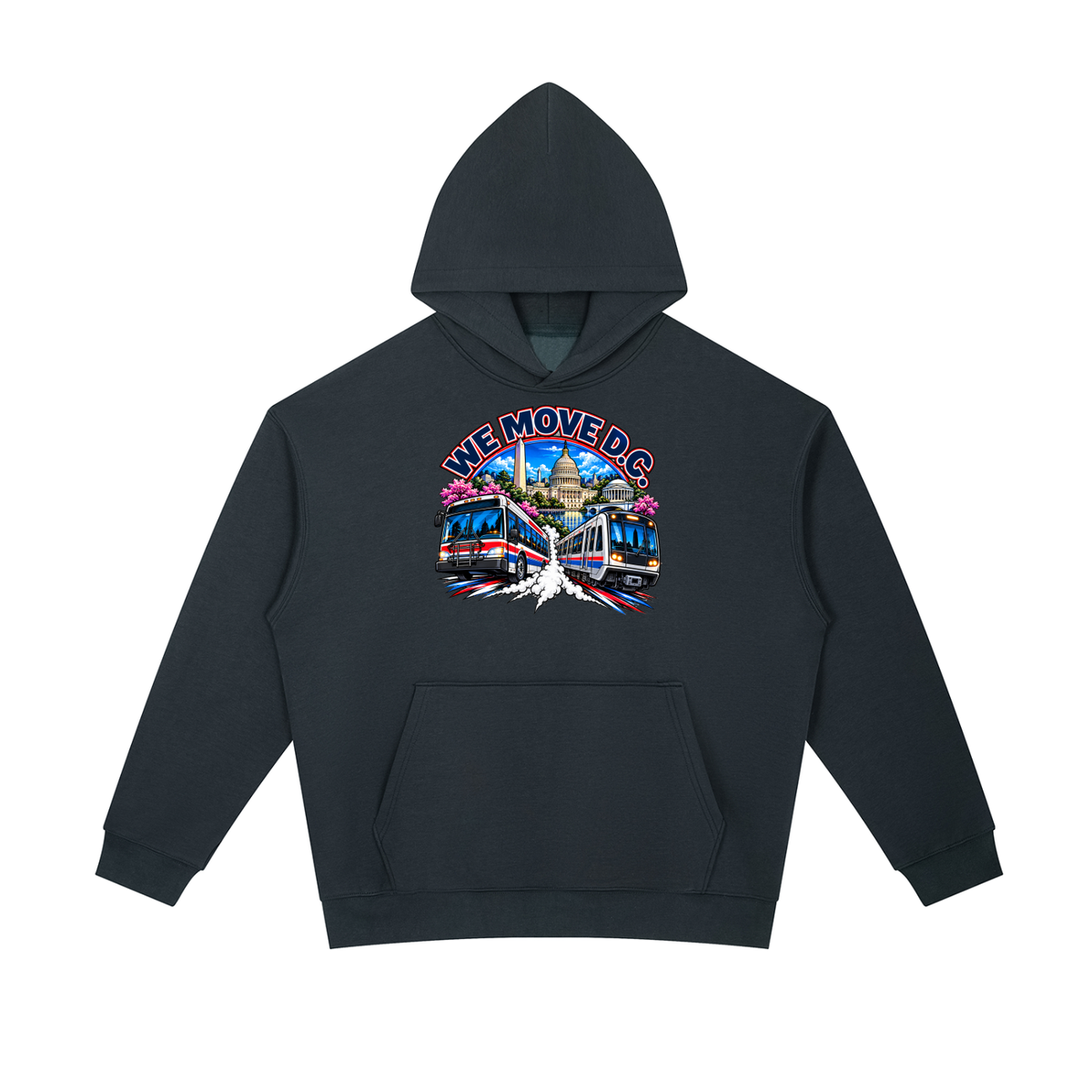 We Move DC Pullover Hoodie — navy heavyweight brushed fleece with the DC transit badge printed on left chest and full back, featuring the Washington skyline, Metro train, and bus.