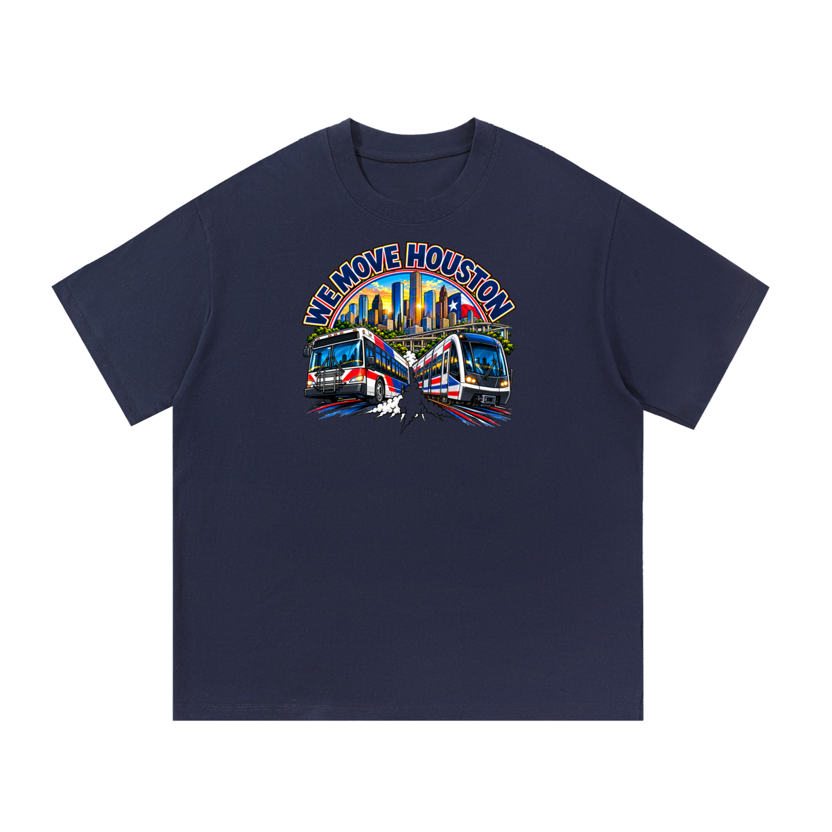 We Move Houston Tee — navy heavyweight cotton with the HOU transit badge featuring the Houston skyline, METRORail, and bus, printed on the front.