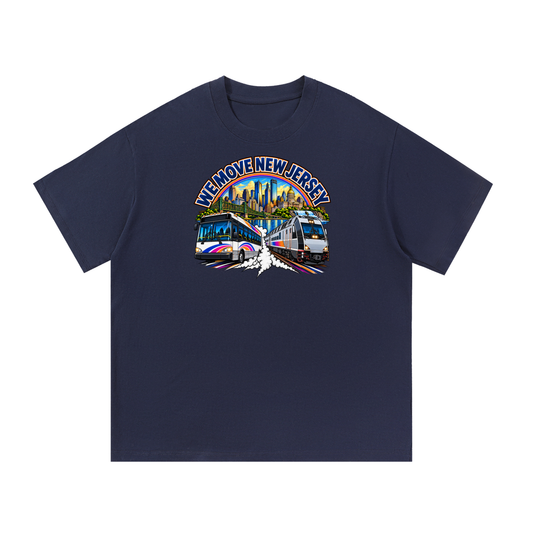 We Move New Jersey Tee — navy heavyweight cotton with the NJ transit badge featuring the Newark skyline, bridge, river, bus, and commuter train, printed on the front.